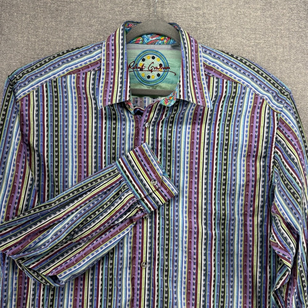 Robert Graham Shirt Men Size XXL Multicolor Striped Flip Cuff Button Up Casual